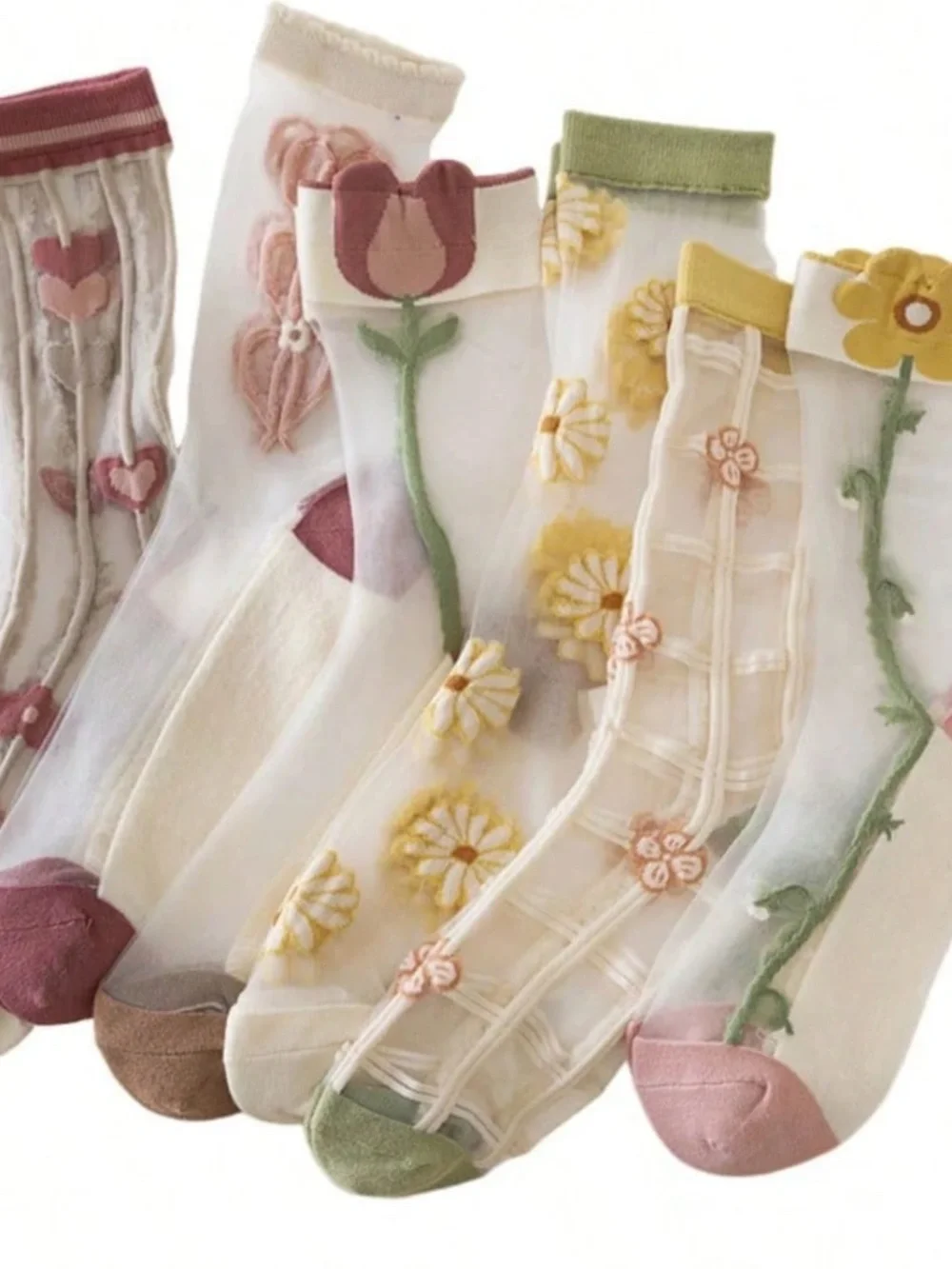 Boho Colorful Floral Heart Semi Sheer Socks Set - 4 random pairs